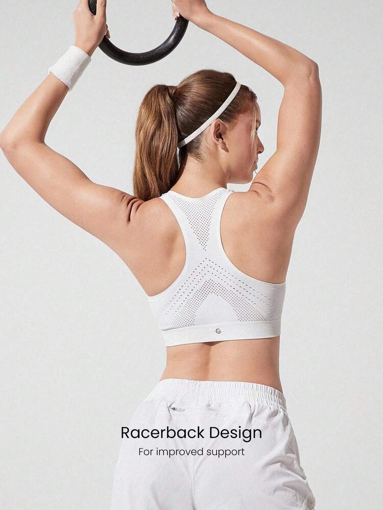 Power Up Sweat-Wicking Soft Bonding Mesh Jelly Strip Supportive Sports Bra Medium Impact Running Jogging Training Gym Workout Removable Cups