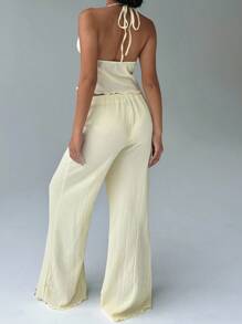 SHEIN Clasi 質感布料打褶露背寬腿連身褲 - 杏色 - 查看 2