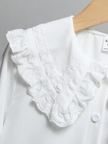 SHEIN Playful Pals 年轻女孩刺绣花卉荷叶边领长袖衬衫，优雅，春秋 - 白色 - 查看 6