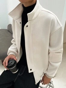 Claim Dot Áo khoác nam dài tay màu trơn có khóa kéo, dáng rộng, thường ngày, áo khoác nam có khóa kéo, áo khoác trắng, áo khoác nam màu kem, áo khoác len nam, phong cách Old Money - Màu be - Xem 6
