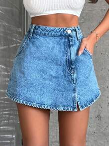 EURMUSE 100%Cotton Rigid, Slit Detailed Skort Fit - Medium Wash - View 3