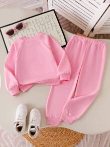 SHEIN Genkimix Kids 2 件套女童休闲套装，插肩袖纯色运动衫和针织裤，粉色 - 粉色 - 查看 2