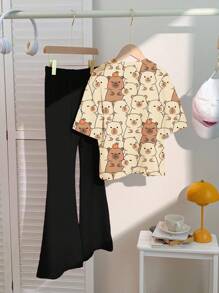 SHEIN Leap Crew 青少年女孩休闲简约短袖 T 恤和长裤两件套，适合夏季