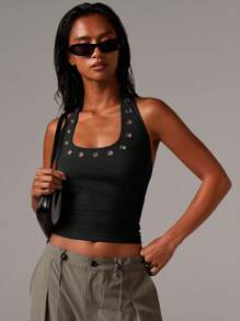 Athîral Women's Halterneck Stud Hardwear Eyelet Jersey Top - Black - View 1