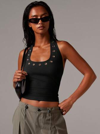 Athîral Women's Halterneck Stud Hardwear Eyelet Jersey Top