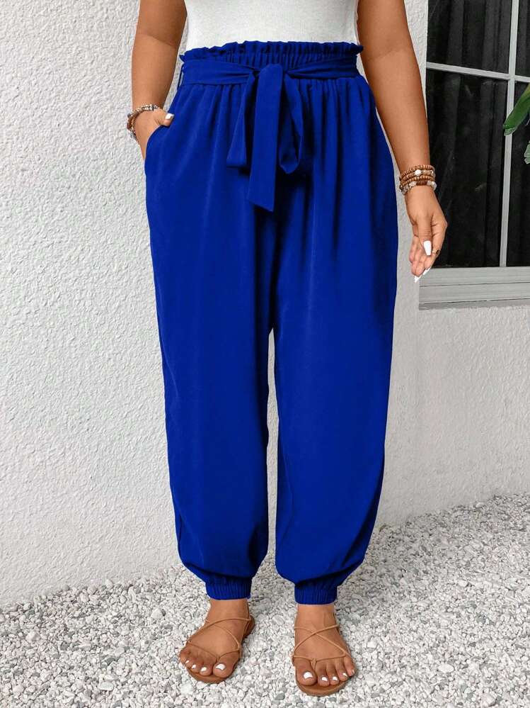 EURMUSE Große Größen schwarze Hose mit Rüschen an der Taille und verjüngtem Bein, Lässig - Königsblau - Übersicht 3