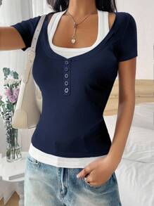 SHEIN Unity Contrasting Color Patchwork Unique Design Fitted T-Shirt - Navy Blue - View 6