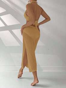 Swim Lushoire Women's Solid Color Ring Connected Waist Hollow Out Halter Neck Cover Up Dress, Vacation - Yellow - View 2