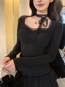 DAZY 女士优雅系带长袖T恤，春秋季 - 黑色 - 查看 6