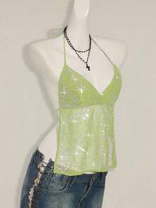 SHEIN ICON Women's Y2K Sexy Floral Lace Backless Camisole Lime Green Top Sequin Top