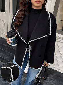 Calvaya Plus Size Autumn/Winter Fashion Color Block Trim Overcoat Fall Cloth For Women - Black - View 1