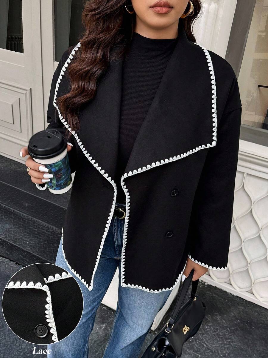 Calvaya Plus Size Autumn/Winter Fashion Color Block Trim Overcoat Fall Cloth For Women - Black - View 1
