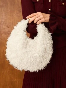 MOTF PREMIUM 女士手提包，毛绒，亮片，优雅，时尚，派对，日常 - 杏色毛 - 查看 7