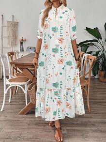 V-Neck Printed Ruffle Hem Casual Vacation Dress With Drawstring - Multicolor - View 5