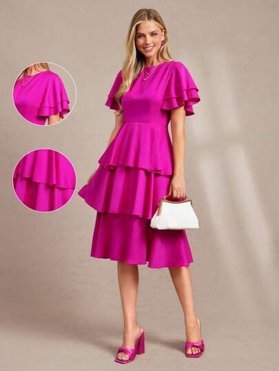 Amorya Vestido de mujer de unicolor con volantes en el bajo y capas