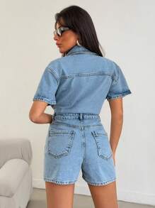 EURMUSE 女士纽扣半襟口袋短袖休闲牛仔连体裤