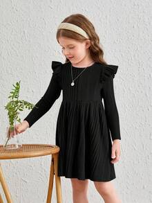 SHEIN Váy tay lửng thanh lịch dáng rộng cho bé gái, thu/đông - màu đen - Xem 5