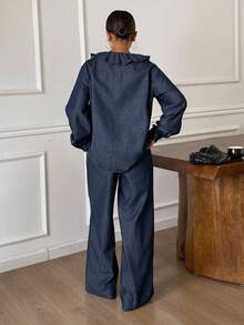 DAZY 2pcs Women Peter Pan Collar Long Sleeve Denim Cardigan Top And Loose Straight Leg Pants Casual Denim Suit - Medium Wash - View 5