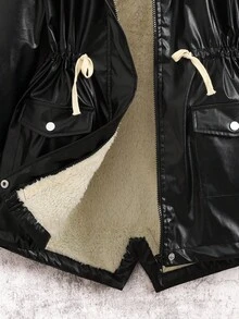 SHEIN Tween 女童休闲时尚街头风格纯色连帽抽绳腰部 PU 填充夹克，适合周末、休闲外出、返校、秋冬季 - 黑色 - 查看 9