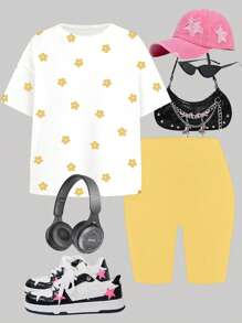 SHEIN Leap Crew 2 件套青少年女孩休闲简约短袖 T 恤和短裤套装，适合夏季