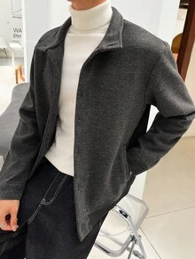 Claim Dot Men's Casual Fashion Button Long Sleeve Overcoats, Autumn/Winter Men Grey Button Up Shirt Textured Button Up Shirt Grey Shirt Men Knitted Shirt Grey Long Sleeve Shirt, Dark Grey Shirt, Grey Button Up Men, Textured Shirt, Old Money Style - Dark Grey - View 3