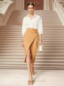 SHEIN Unity Avenne 优雅女士纯色铅笔裙，腰部配有搭扣，侧边开衩设计 - 卡其色 - 查看 4