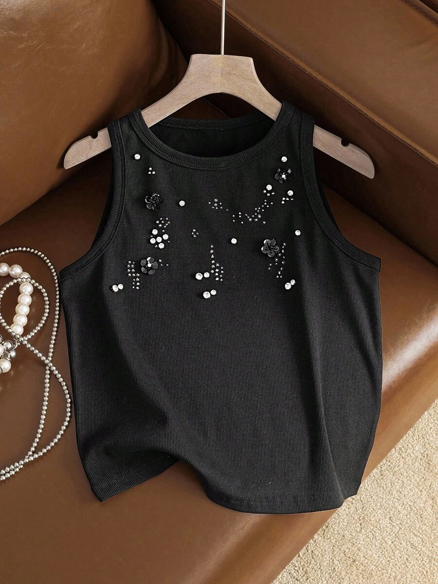SHEIN Unity Women's Black Cotton-Blend Stretch Tank Top,Handcrafted Beaded 3D Floral Embellishments Summer Elegant Brunch Country Concert Punk Homecoming Tops - Black - View 1