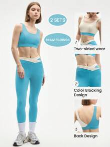 Easify SHEIN Sport Conjunto deportivo premium para mujer en color beige y aguamarina, top corto y leggings de cintura alta con bloques de color, ideal para el gimnasio y un estilo de vida activo