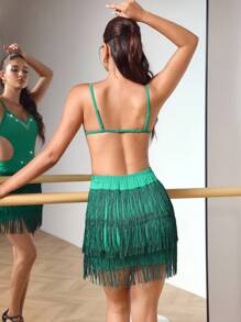 Menodora SHEIN Sport Trang phục khiêu vũ Latin tua rua khoét viền đính đá cho nữ - màu xanh lá - Xem 2