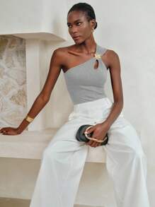 Arave Women's Summer Sleeveless Gray Hollow Metal Button 3D Flower Decoration One Shoulder Tank Top Resort Wear For Women, Vacation Tops, Gold Buttons, Sexy Tops Vacation Outfits Woman Off The Shoulder Top Party Dresses For Women