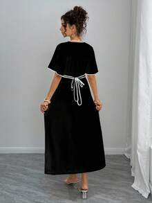 Momance Elegant Maternity Dress With Contrast Trim, Summer - Black - View 2