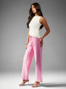 MISSGUIDED 闪亮水晶装饰高腰直筒牛仔裤时尚前卫个性裤装现代派对俱乐部节日场合春夏服装 - 藕粉色 - 查看 4