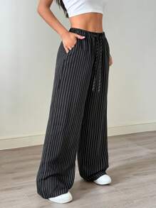 SHEIN EZwear 女款休閒條紋寬腿褲，適合日常穿著，低腰，返校季，秋冬百搭褲 - 彩色 - 查看 3