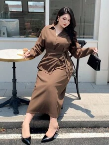 Dazy Plus 2pcs/Set Solid Color Tie-Waist Loose Long Sleeve Shirt & Skirt, Business Casual Commuter Outfit For Plus Size Women - Brown - View 8