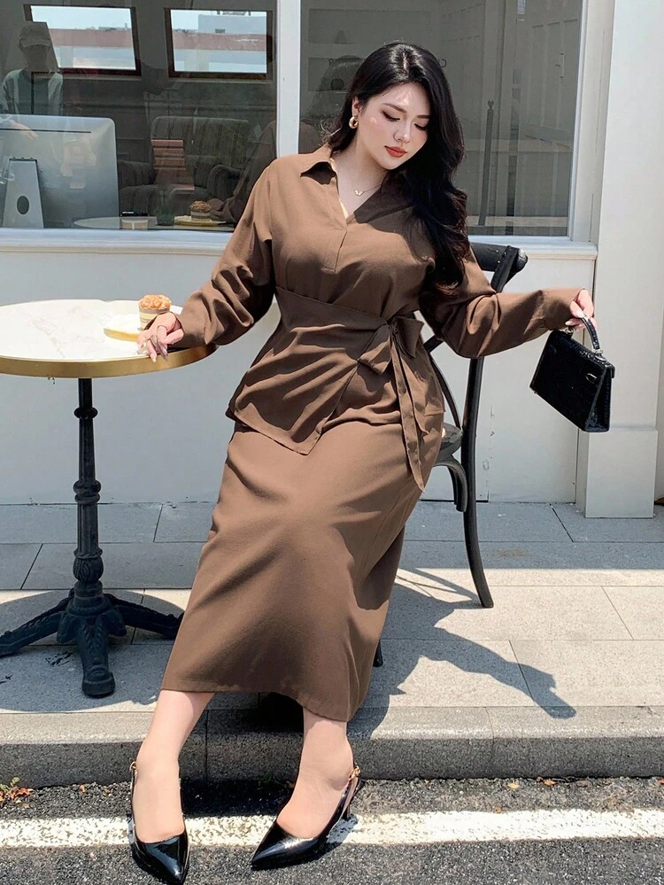 Dazy Plus 2pcs/Set Solid Color Tie-Waist Loose Long Sleeve Shirt & Skirt, Business Casual Commuter Outfit For Plus Size Women