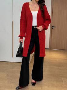 Easowa Red Casual Solid Color Mid-Length Cardigan, Autumn/Winter Red Cardigan Women Long Red Cardigan Red Cable Knit Cardigan Women Red Sweater Long Sweaters For Women Red Knit Cardigan Christmas Sweater Women's Winter Sweater Women's Winter National Day New Year Women's
