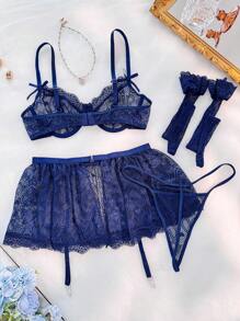 心蕾絲鋼圈吊帶襪內衣套裝帶1雙腿圈 - 藏蓝色 - 查看 1