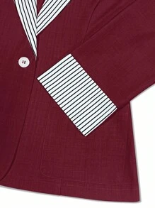 Franclia 女士秋冬条纹拼布长袖纽扣西装外套、休闲和办公室服装 - 酒紅色 - 查看 3