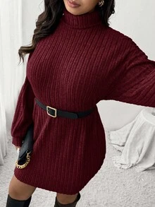 SHEIN Frenchy 休闲简约高领罗纹拉绒连衣裙，加大码，适合秋冬休闲居家穿着 - 酒紅色 - 查看 1