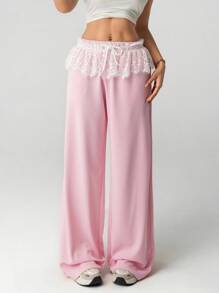 SHEIN ICON 宽松纹理面料蕾丝腰带休闲运动裤 - 粉色 - 查看 5