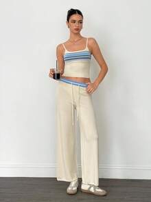 SHEIN Tall Vestă contrastantă cu talie joasă și șnur de cusut, pantaloni largi tricotați, ușori, de primăvară-vară, doar pentru vacanțe, eleganți, pentru plajă, drăguți, pentru aeroport, casă de plajă, îmbrăcăminte de aeroport, vacanță, toamnă/iarnă - Cremă - Vizualizare 8