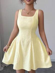 Elenzga 法式方领花卉纹理腰部修身优雅优雅 A 字短裙，适合女士、秋季、万圣节、返校节、返校节、复古女装、可爱女装、秋季时尚、中长连衣裙、绷带连衣裙