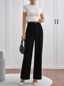 SHEIN Tall Women's Solid Color High Waist Toothpick Stripe Design Loose Casual Commuter Wide Leg Pants