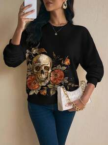 Shutterstock Glamance 女士休闲时尚印花宽松圆领长袖卫衣，骷髅头图案，万圣节主题，哥特风，基础款上衣 - 白色 - 查看 3