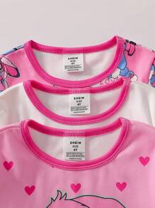 SHEIN GraphicGems 3 件套女童睡衣套装，可爱海洋生物全身印花舒适圆领长袖上衣和长裤，睡衣套装 - 彩色 - 查看 4