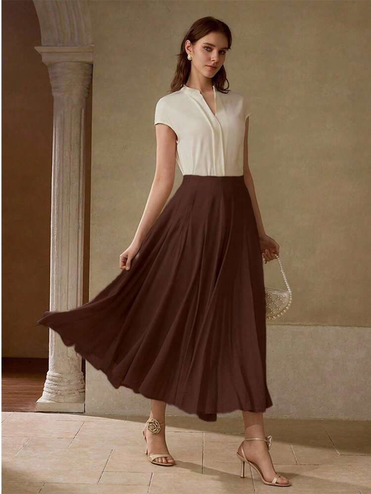SOLID ZIPPER SIDE FLARE LONG SKIRT