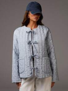 Athîral Women's Ditsy Floral Front Tie Long Sleeve Loose Winter Jacket ,Quilted Jacket Baby Blue Jacket ,Winter Women Outfits ,Daily,Casual Woman - Multicolor - View 4