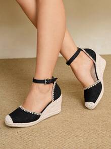 Styleloop Zapatos de cuña y plataforma trenzados de estilo bohemio para mujer - Negro - Ver 1