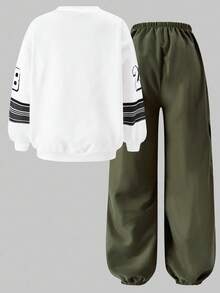 SHEIN ChillGRL 2 件套青少年女孩运动街头休闲字母和数字印花长袖针织运动衫和侧袋抽绳工装裤，酷女孩日常运动装 - 軍綠色 - 查看 4