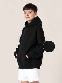Tween Boy Pocket Drop Shoulder Hoodie, Casual Suitable For Spring/Autumn Daily Wear - Black - View 4